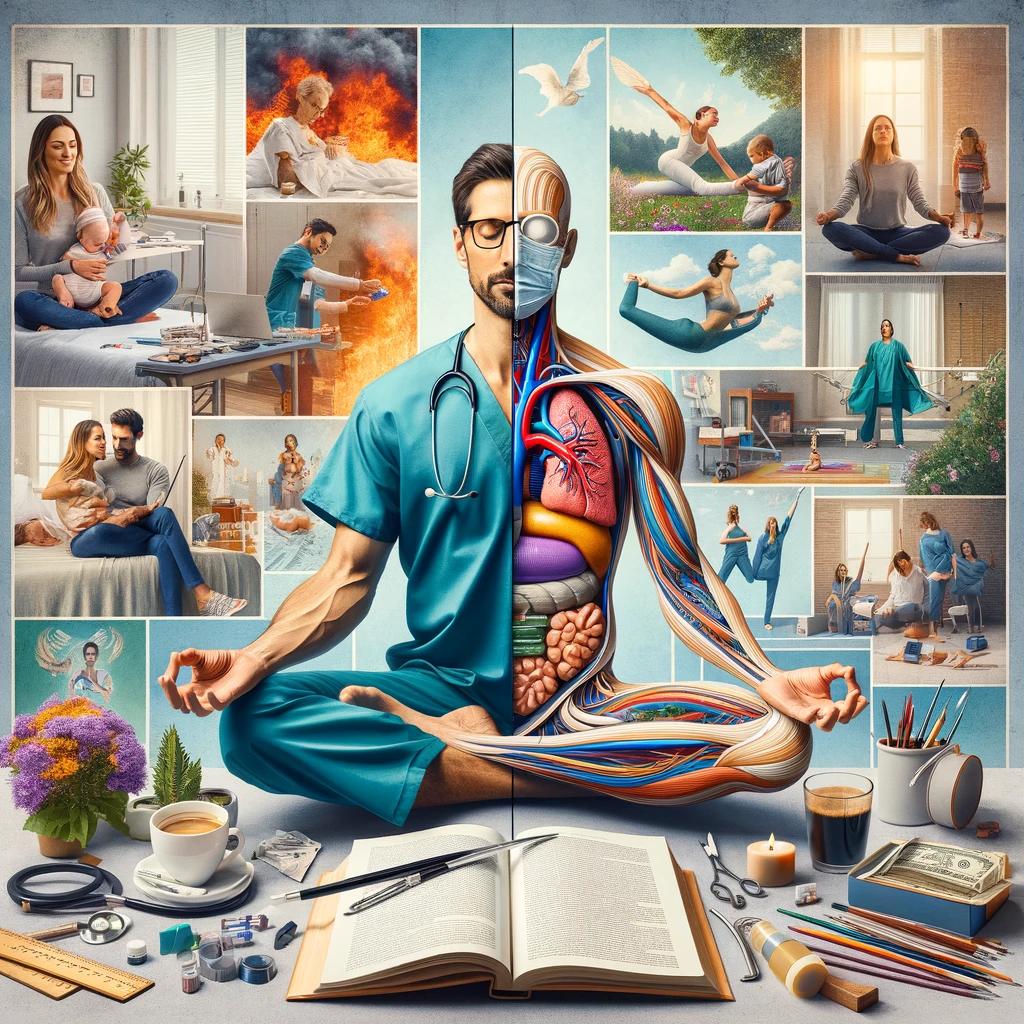 Collage showing an anesthesiologist's professional development and personal hobbies, highlighting the balance between work and life.