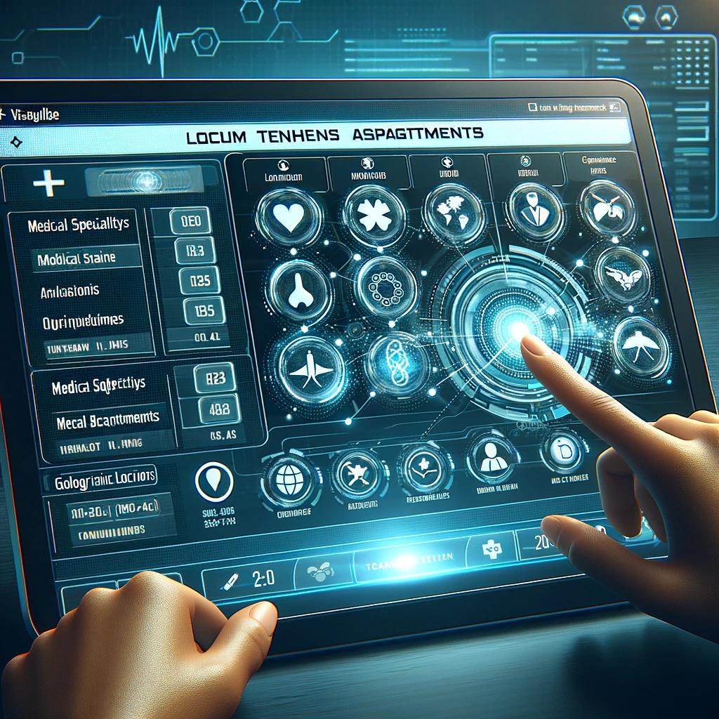 Futuristic digital interface displaying locum tenens assignments for physicians, with icons for medical specialties and locations.